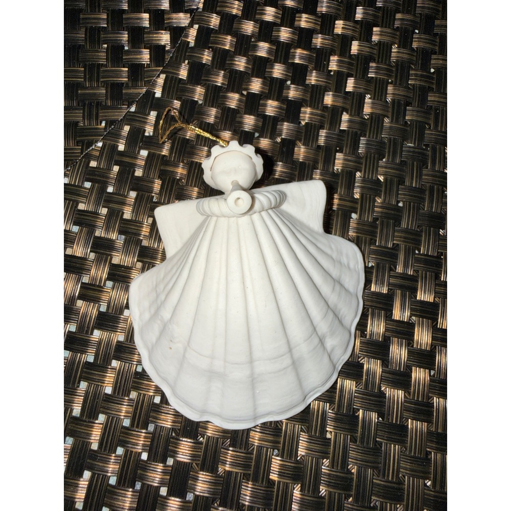 Vintage 1980 Bisque Porcelain Angel Trumpet Christmas Ornament White Matte 3.5"